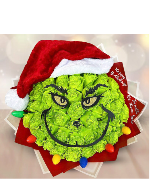 Grinch face Roses Bouquet with Santa Hat
