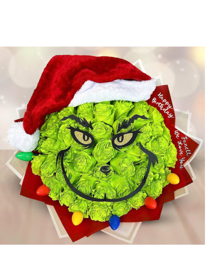 Grinch face Roses Bouquet with Santa Hat