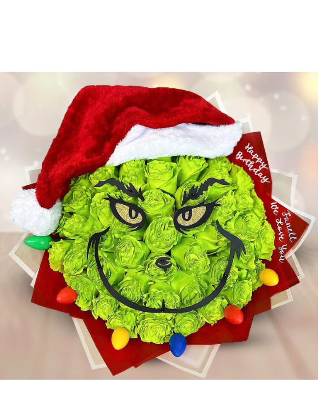 Grinch face Roses Bouquet with Santa Hat