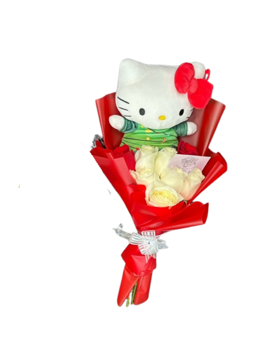 12 Christmas Roses Bouquet w/ Hello Kitty Plush